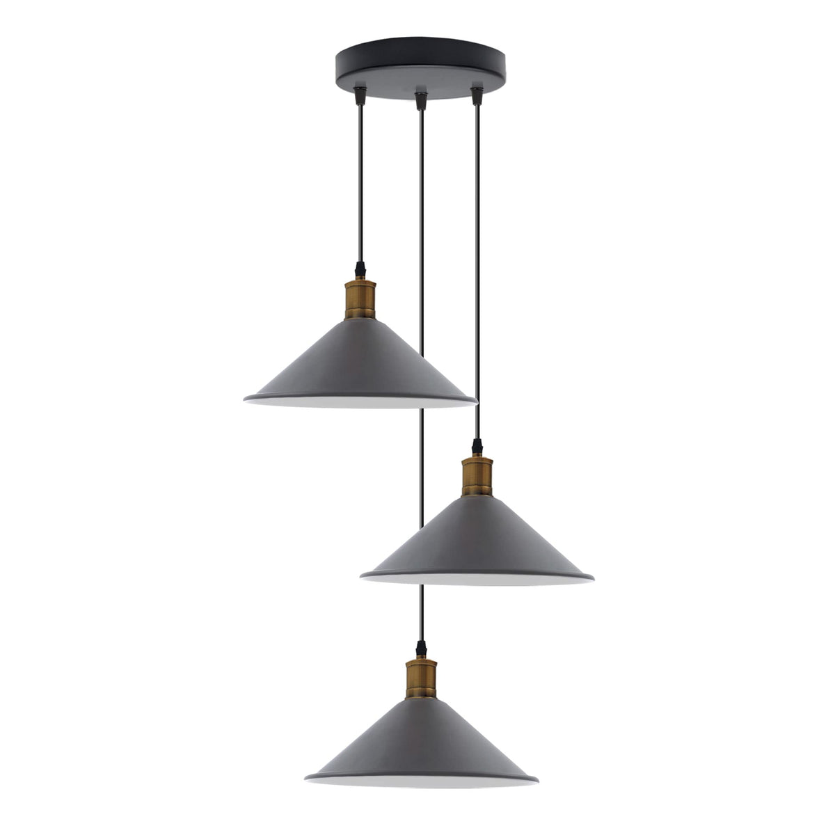3-Light Pendant – Flat Cone, Small Cone or Diamond Cage Shades, E27 - Yellow Brass, Flat Cone 22 cm Grey 200 mm Rose, Without Bulb