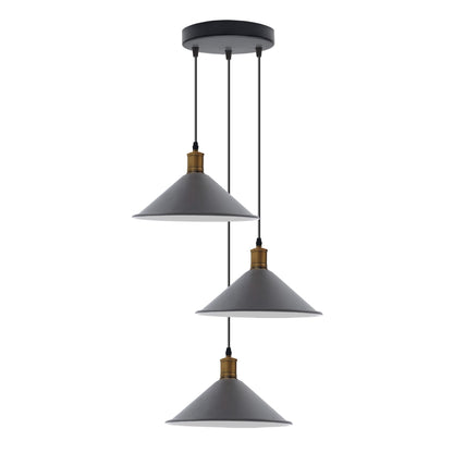 3-Light Pendant – Flat Cone, Small Cone or Diamond Cage Shades, E27 - Yellow Brass, Flat Cone 22 cm Grey 200 mm Rose, Without Bulb