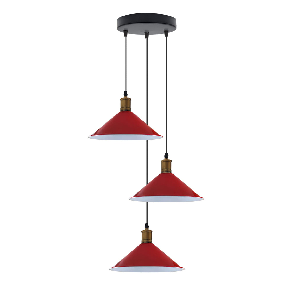 3-Light Pendant – Flat Cone, Small Cone or Diamond Cage Shades, E27 - Yellow Brass, Flat Cone 22 cm Red 200 mm Rose, Without Bulb