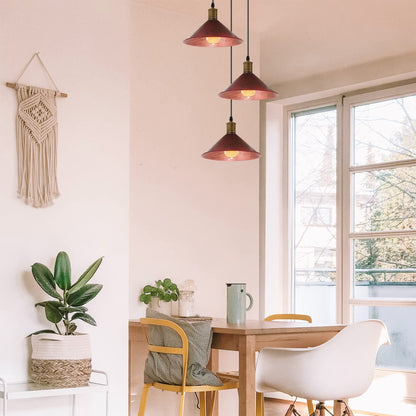 3-Light Pendant – Flat Cone, Small Cone or Diamond Cage Shades, E27 - Yellow Brass, Flat Cone 22 cm Rustic Red 200 mm Rose, Without Bulb
