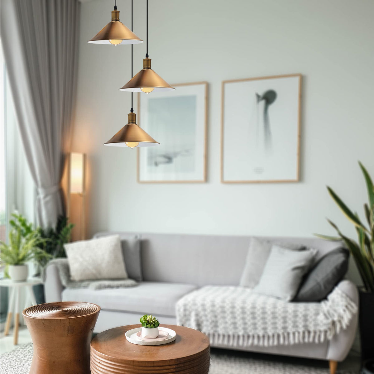 3-Light Pendant – Flat Cone, Small Cone or Diamond Cage Shades, E27 - Yellow Brass, Flat Cone 22 cm Yellow Brass 200 mm Rose, Without Bulb