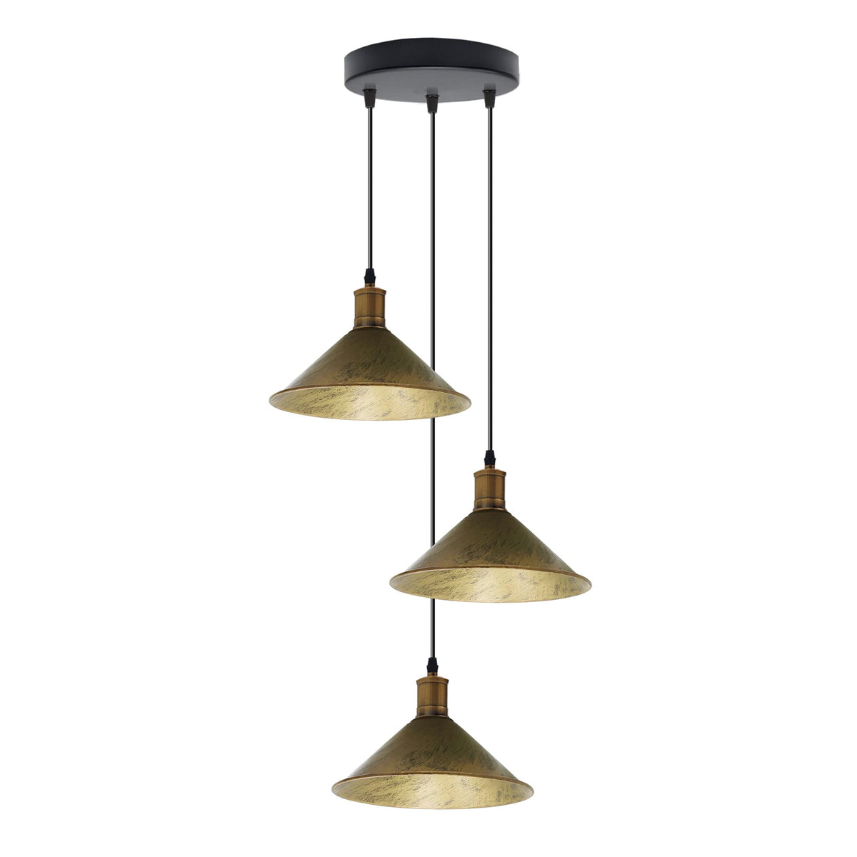 3-Light Pendant – Flat Cone, Small Cone or Diamond Cage Shades, E27 - Yellow Brass, Flat Cone 22 cm Brushed Brass 200 mm Rose, Without Bulb