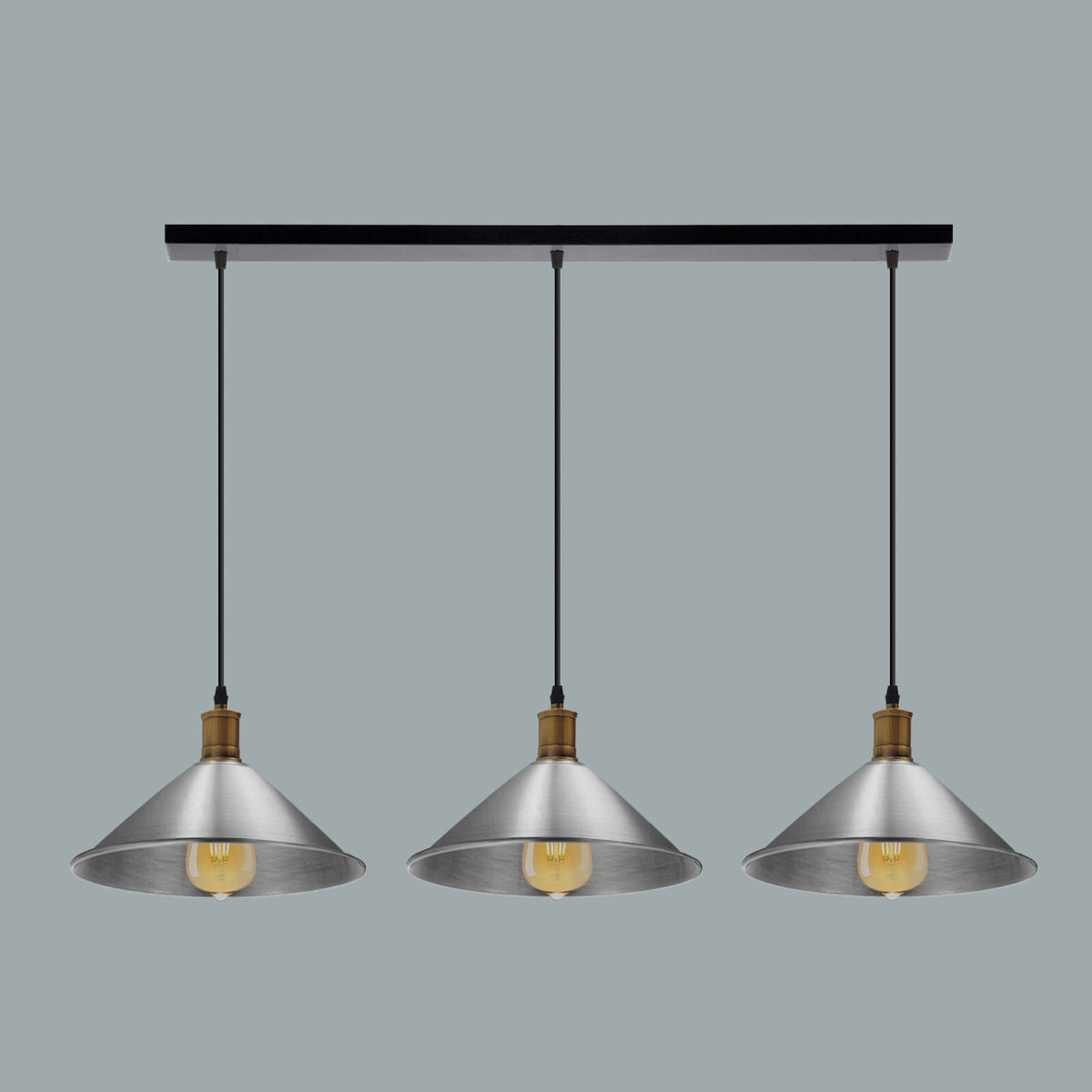 3-Light Pendant – Flat Cone, Small Cone or Diamond Cage Shades, E27 - Yellow Brass, Small Cone 22 cm Satin Nickel 500 mm Rose, Without Bulb