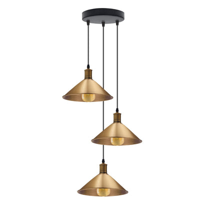 3-Light Pendant – Flat Cone, Small Cone or Diamond Cage Shades, E27 - Yellow Brass, Small Cone 22 cm Yellow Brass, Without Bulb