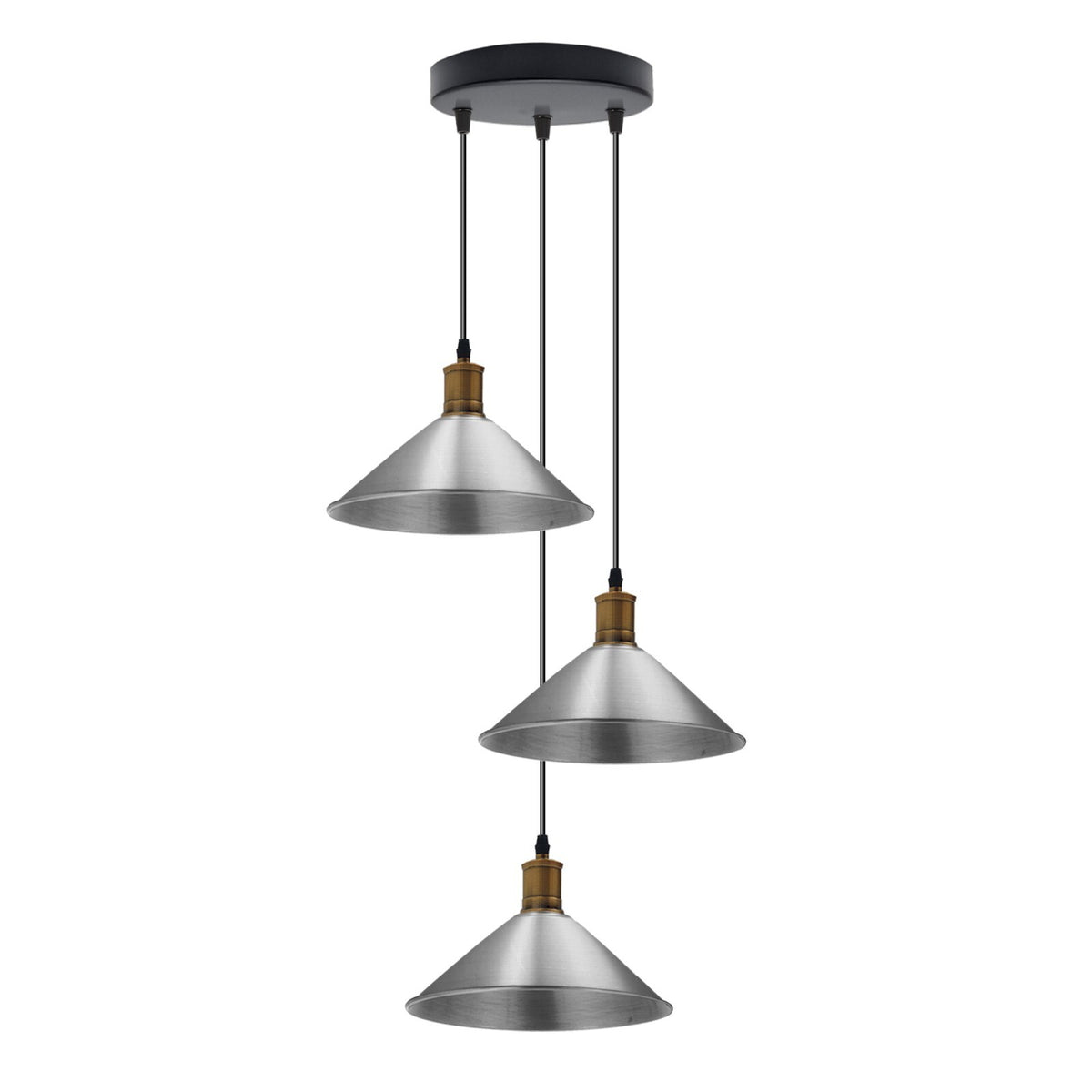 3-Light Pendant – Flat Cone, Small Cone or Diamond Cage Shades, E27 - Yellow Brass, Small Cone 22 cm Satin Nickel 200 mm Rose, Without Bulb