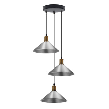 3-Light Pendant – Flat Cone, Small Cone or Diamond Cage Shades, E27 - Yellow Brass, Small Cone 22 cm Satin Nickel 200 mm Rose, Without Bulb