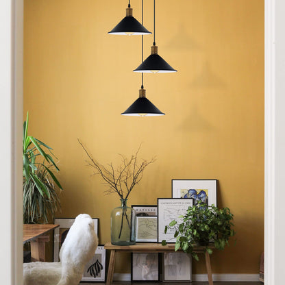 3-Light Pendant – Flat Cone, Small Cone or Diamond Cage Shades, E27 - Yellow Brass, Flat Cone 22 cm Black & White Inner 200 mm Rose, Without Bulb