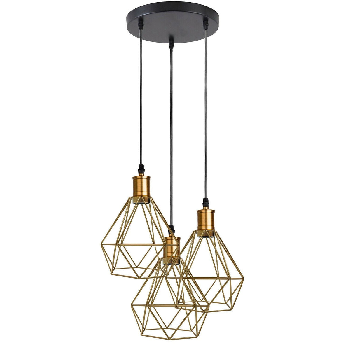 3-Light Pendant – Flat Cone, Small Cone or Diamond Cage Shades, E27 - Yellow Brass, Diamond Cage Gold, Without Bulb