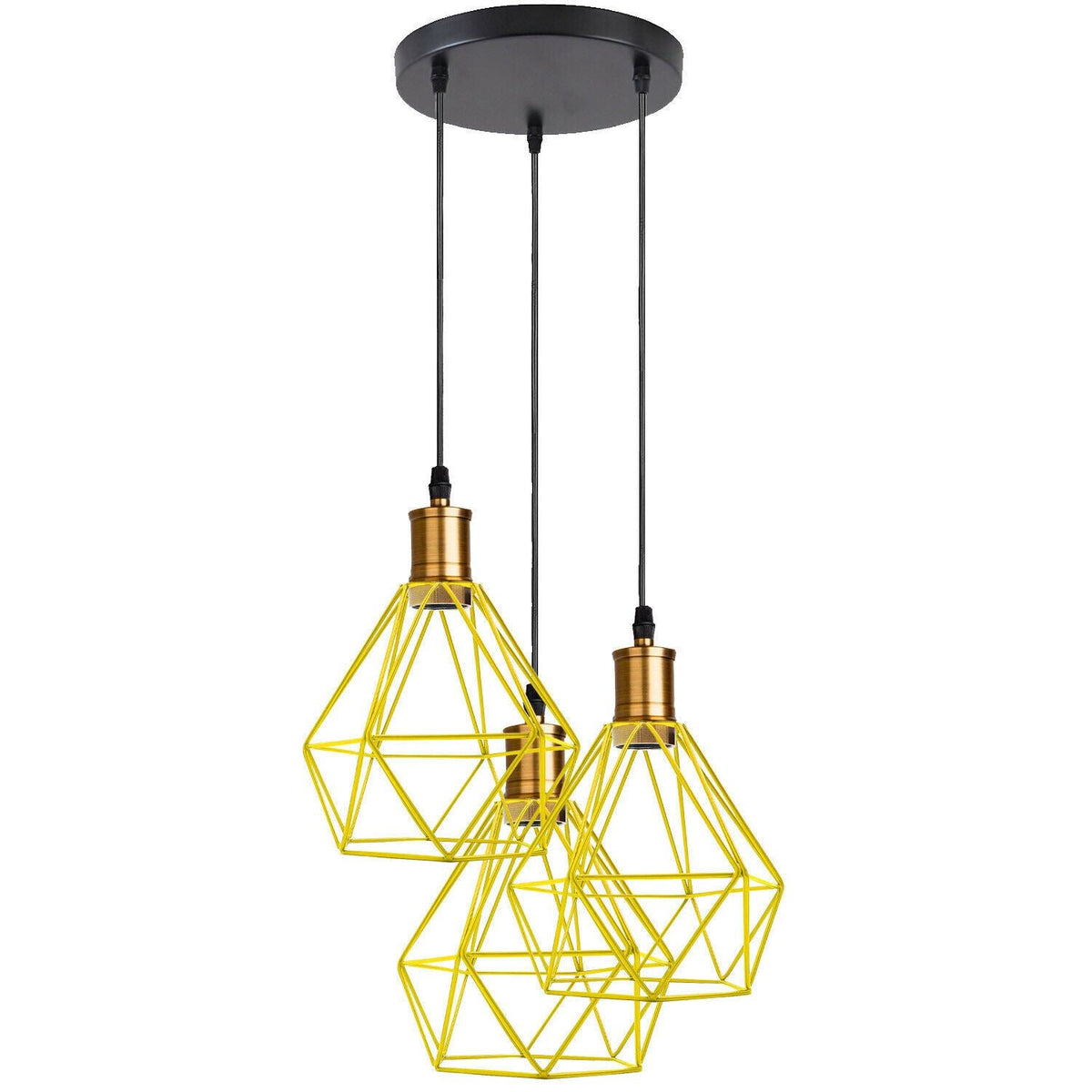 3-Light Pendant – Flat Cone, Small Cone or Diamond Cage Shades, E27 - Yellow Brass, Diamond Cage Yellow, Without Bulb