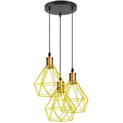 3-Light Pendant – Flat Cone, Small Cone or Diamond Cage Shades, E27 - Yellow Brass, Diamond Cage Yellow, Without Bulb