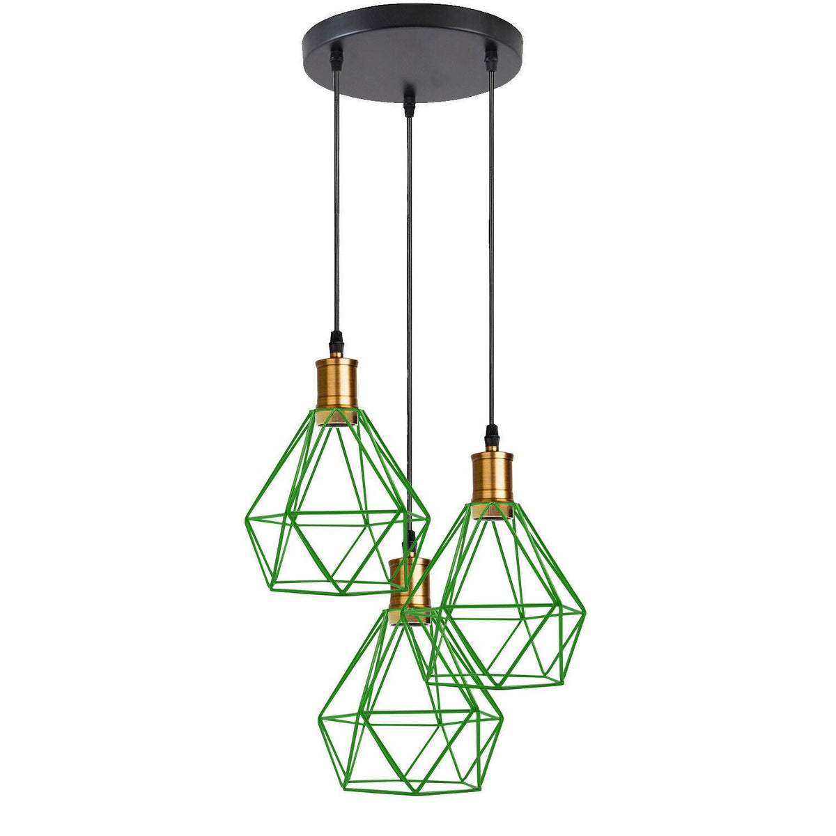3-Light Pendant – Flat Cone, Small Cone or Diamond Cage Shades, E27 - Yellow Brass, Diamond Cage Green, Without Bulb