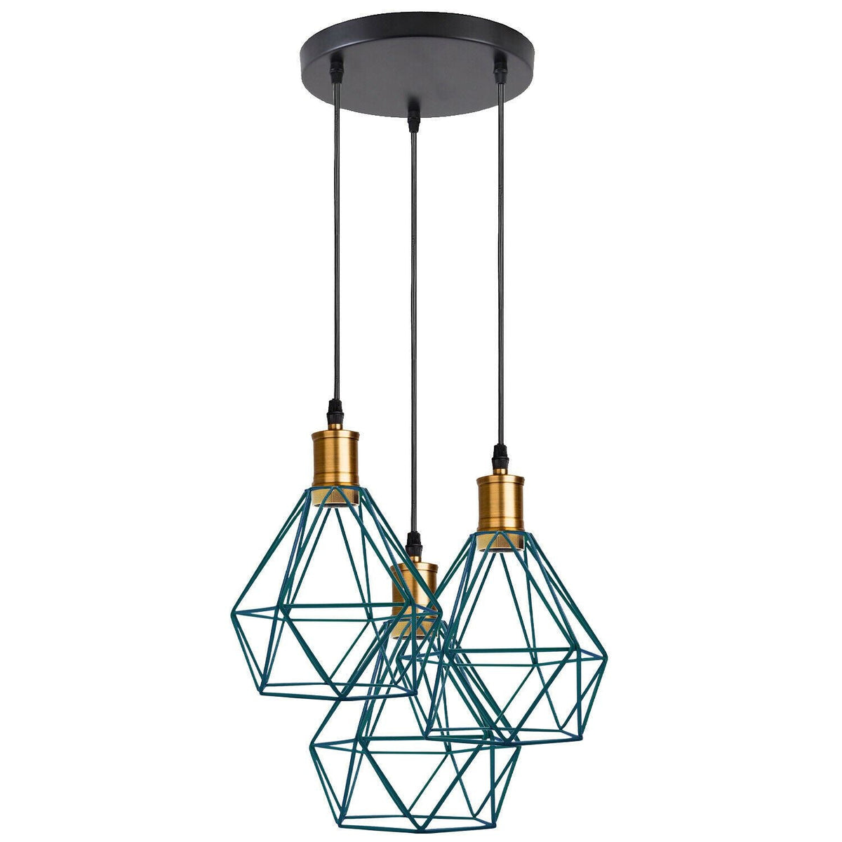 3-Light Pendant – Flat Cone, Small Cone or Diamond Cage Shades, E27 - Yellow Brass, Diamond Cage Blue, Without Bulb