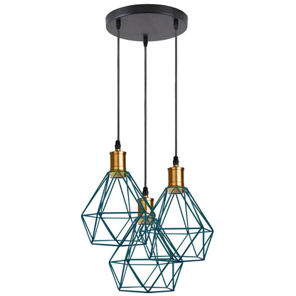 3-Light Pendant – Flat Cone, Small Cone or Diamond Cage Shades, E27 - Yellow Brass, Diamond Cage Blue, Without Bulb