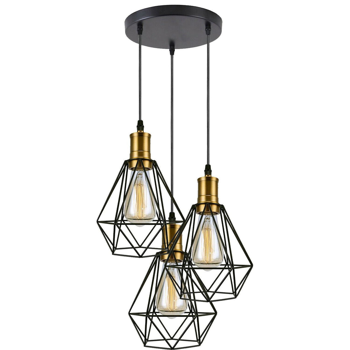 3-Light Pendant – Flat Cone, Small Cone or Diamond Cage Shades, E27 - Yellow Brass, Diamond Cage Black, Without Bulb