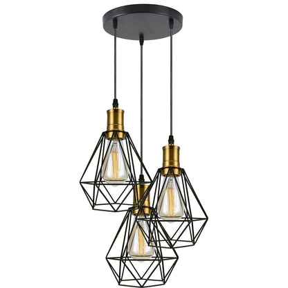 3-Light Pendant – Flat Cone, Small Cone or Diamond Cage Shades, E27 - Yellow Brass, Diamond Cage Black, Without Bulb