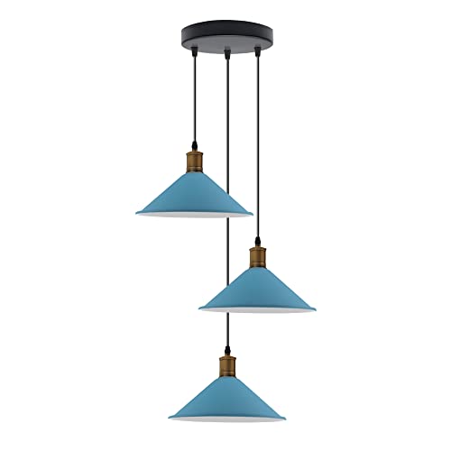 3-Light Pendant – Flat Cone, Small Cone or Diamond Cage Shades, E27 - Yellow Brass, Flat Cone 22 cm Blue 200 mm Rose, Without Bulb