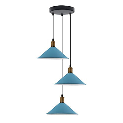 3-Light Pendant – Flat Cone, Small Cone or Diamond Cage Shades, E27 - Yellow Brass, Flat Cone 22 cm Blue 200 mm Rose, Without Bulb
