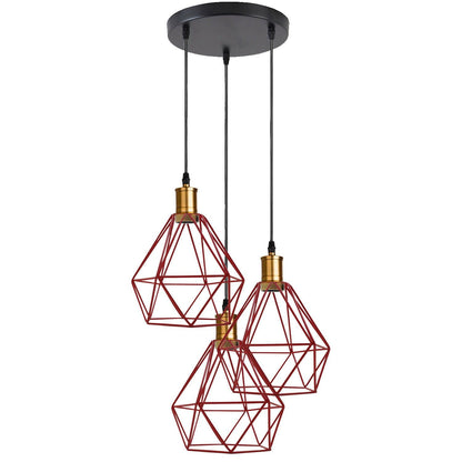 3-Light Pendant – Flat Cone, Small Cone or Diamond Cage Shades, E27 - Yellow Brass, Diamond Cage Red, Without Bulb
