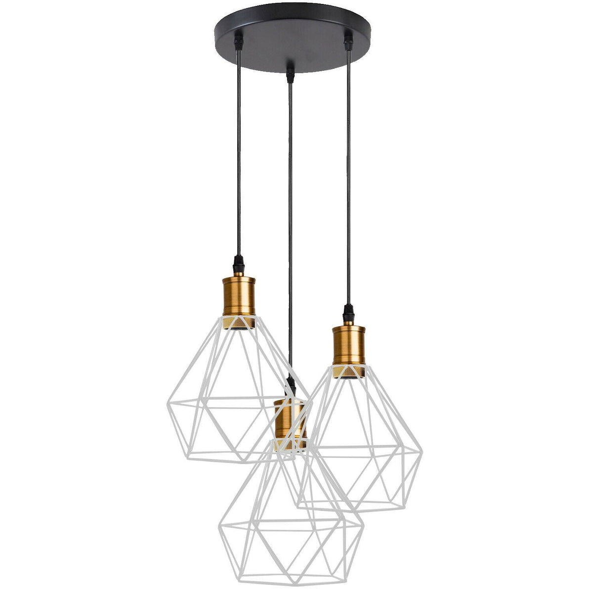 3-Light Pendant – Flat Cone, Small Cone or Diamond Cage Shades, E27 - Yellow Brass, Diamond Cage White, Without Bulb