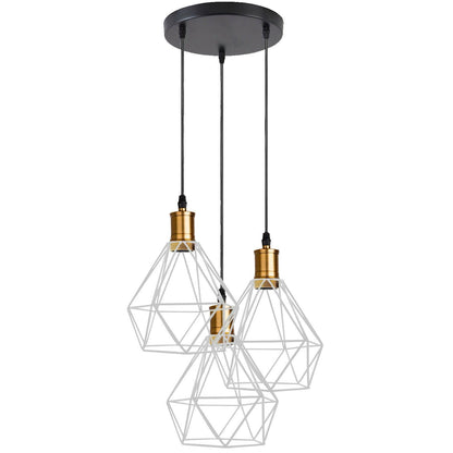 3-Light Pendant – Flat Cone, Small Cone or Diamond Cage Shades, E27 - Yellow Brass, Diamond Cage White, Without Bulb