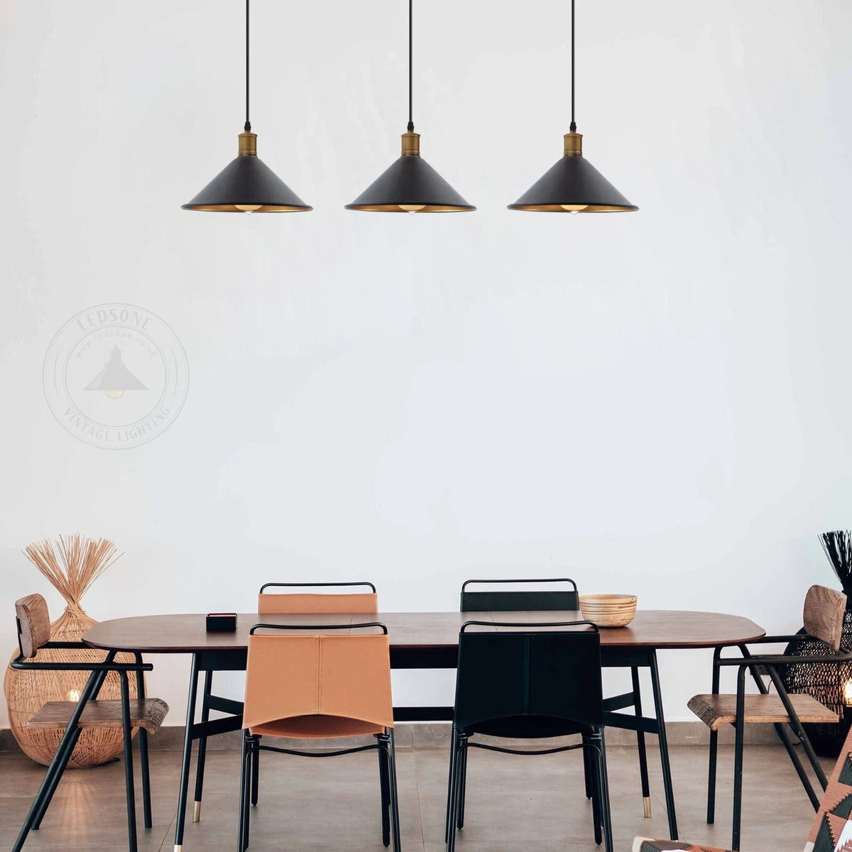 3-Light Pendant – Flat Cone, Small Cone or Diamond Cage Shades, E27 - Yellow Brass, Flat Cone 22 cm Black & Gold 500 mm Rose, Without Bulb