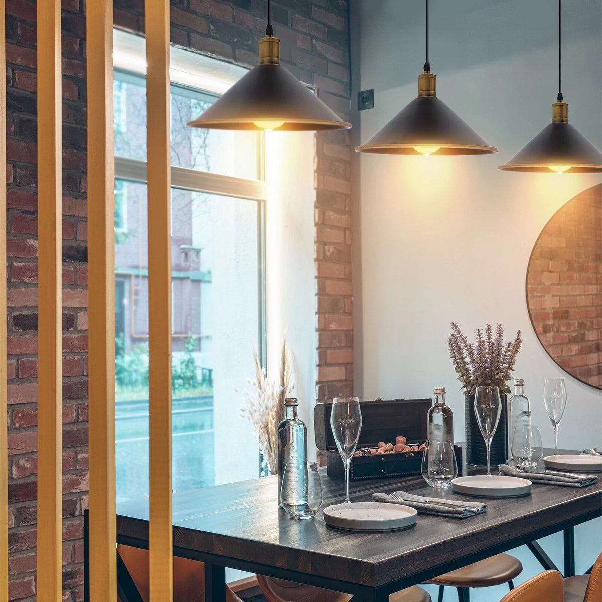 3-Light Pendant – Flat Cone, Small Cone or Diamond Cage Shades, E27 - Yellow Brass, Flat Cone 22 cm Black & Gold Line 500 mm Rose, Without Bulb