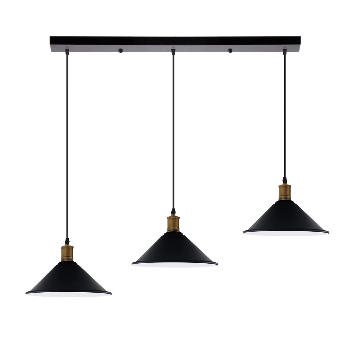 3-Light Pendant – Flat Cone, Small Cone or Diamond Cage Shades, E27 - Yellow Brass, Flat Cone 22 cm Black & White Inner 500 mm Rose, Without Bulb