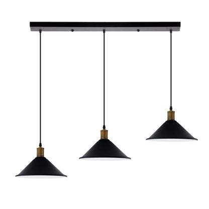 3-Light Pendant – Flat Cone, Small Cone or Diamond Cage Shades, E27 - Yellow Brass, Flat Cone 22 cm Black & White Inner 500 mm Rose, Without Bulb