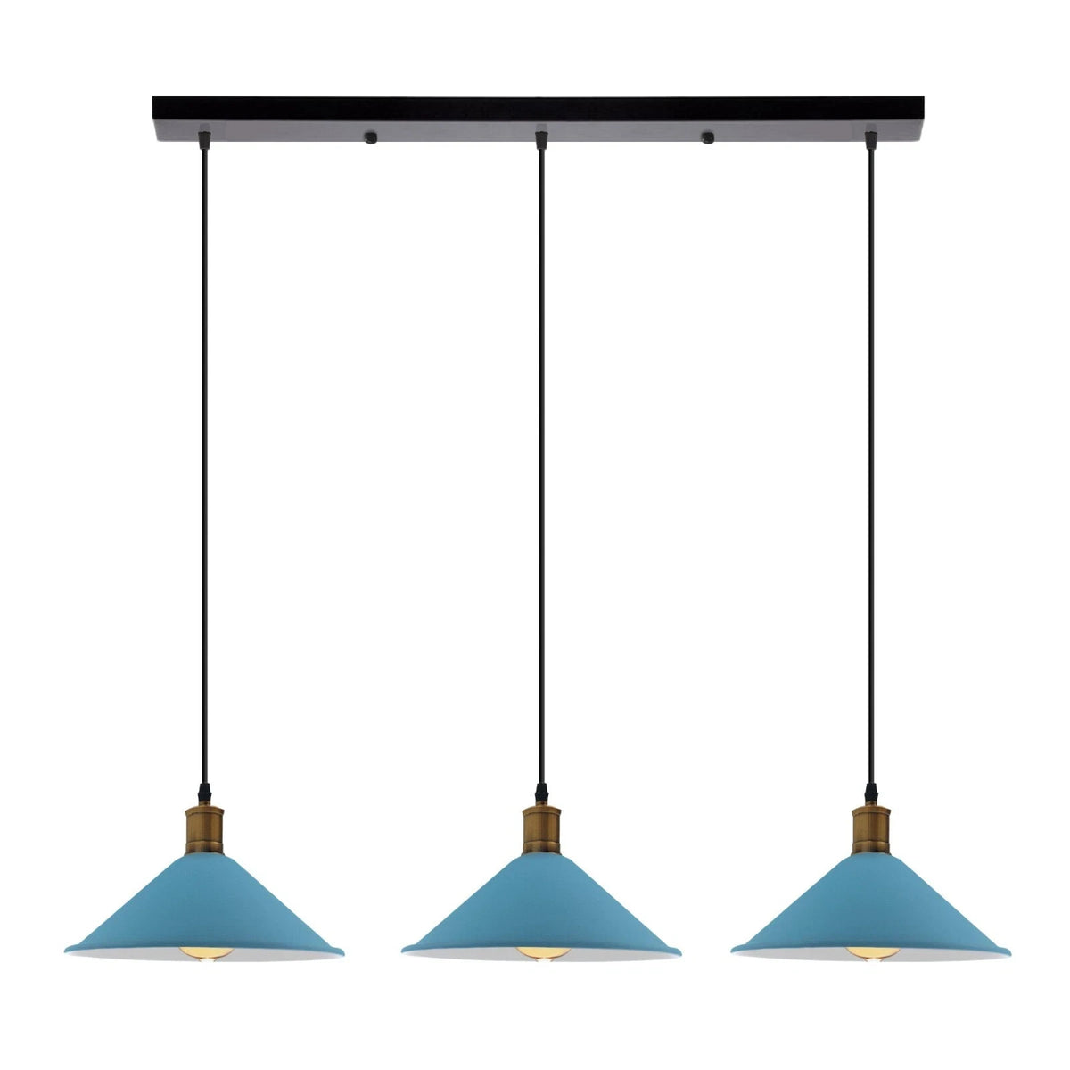 3-Light Pendant – Flat Cone, Small Cone or Diamond Cage Shades, E27 - Yellow Brass, Flat Cone 22 cm Blue 500 mm Rose, Without Bulb