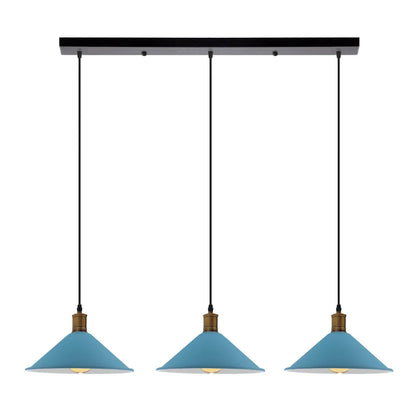 3-Light Pendant – Flat Cone, Small Cone or Diamond Cage Shades, E27 - Yellow Brass, Flat Cone 22 cm Blue 500 mm Rose, Without Bulb