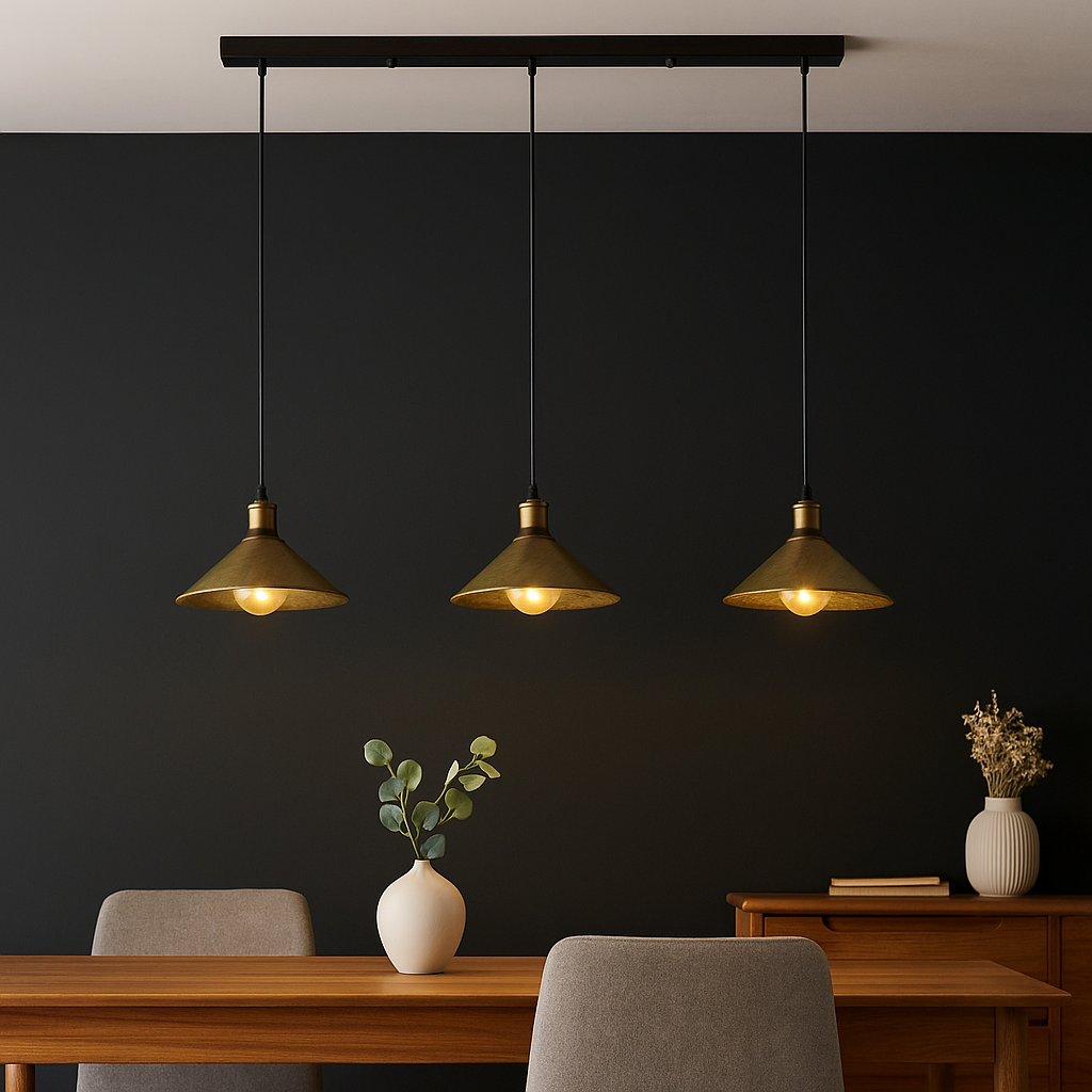 3-Light Pendant – Flat Cone, Small Cone or Diamond Cage Shades, E27 - Yellow Brass, Flat Cone 22 cm Brushed Brass 500 mm Rose, Without Bulb
