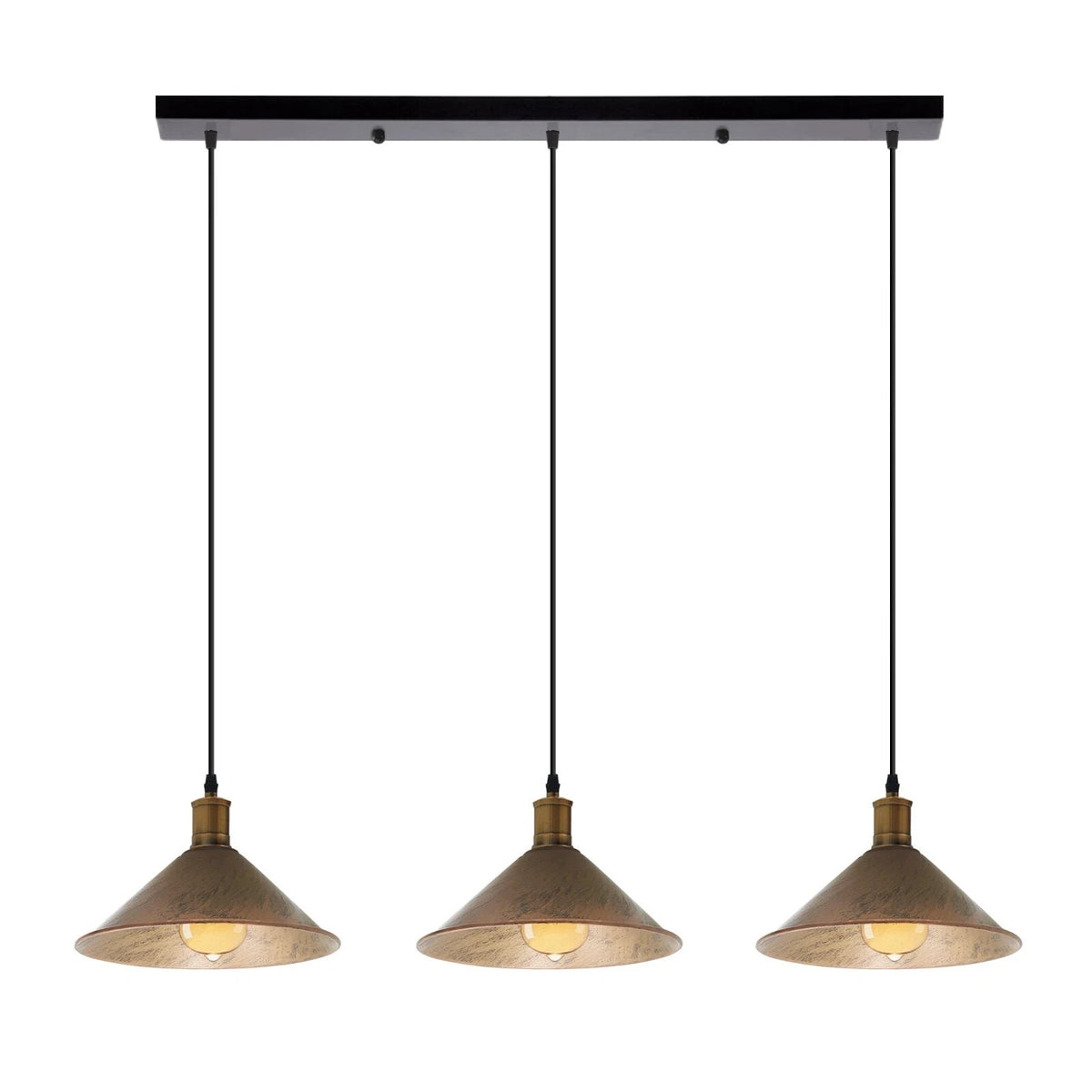 3-Light Pendant – Flat Cone, Small Cone or Diamond Cage Shades, E27 - Yellow Brass, Flat Cone 22 cm Brushed Copper 500 mm Rose, Without Bulb
