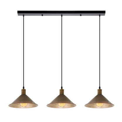 3-Light Pendant – Flat Cone, Small Cone or Diamond Cage Shades, E27 - Yellow Brass, Flat Cone 22 cm Brushed Copper 500 mm Rose, Without Bulb