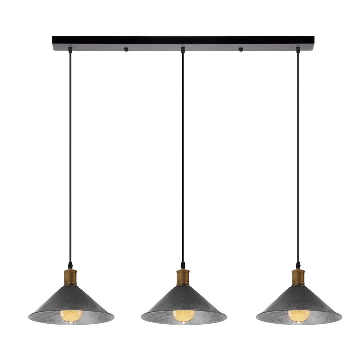 3-Light Pendant – Flat Cone, Small Cone or Diamond Cage Shades, E27 - Yellow Brass, Flat Cone 22 cm Brushed Silver 500 mm Rose, Without Bulb