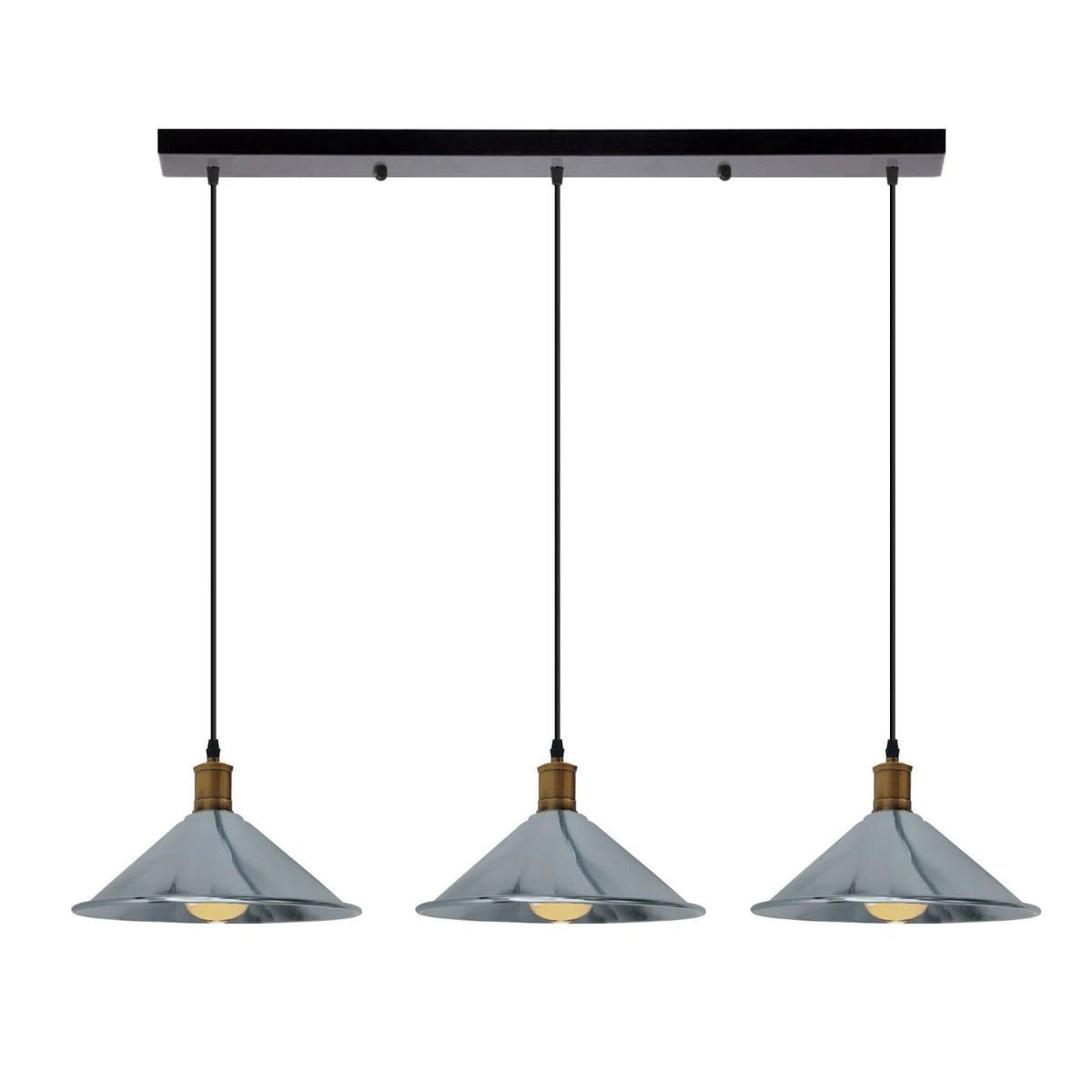 3-Light Pendant – Flat Cone, Small Cone or Diamond Cage Shades, E27 - Yellow Brass, Flat Cone 22 cm Chrome 500 mm Rose, Without Bulb