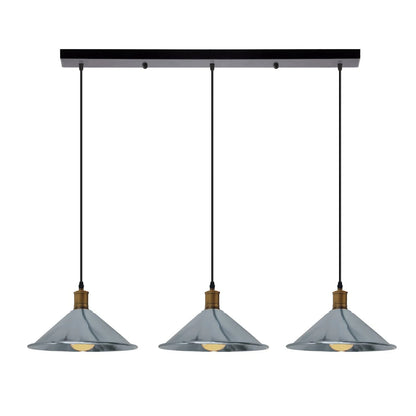 3-Light Pendant – Flat Cone, Small Cone or Diamond Cage Shades, E27 - Yellow Brass, Flat Cone 22 cm Chrome 500 mm Rose, Without Bulb