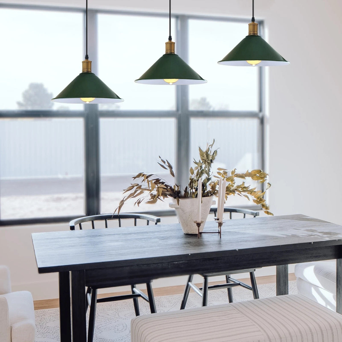 3-Light Pendant – Flat Cone, Small Cone or Diamond Cage Shades, E27 - Yellow Brass, Flat Cone 22 cm Green 500 mm Rose, Without Bulb