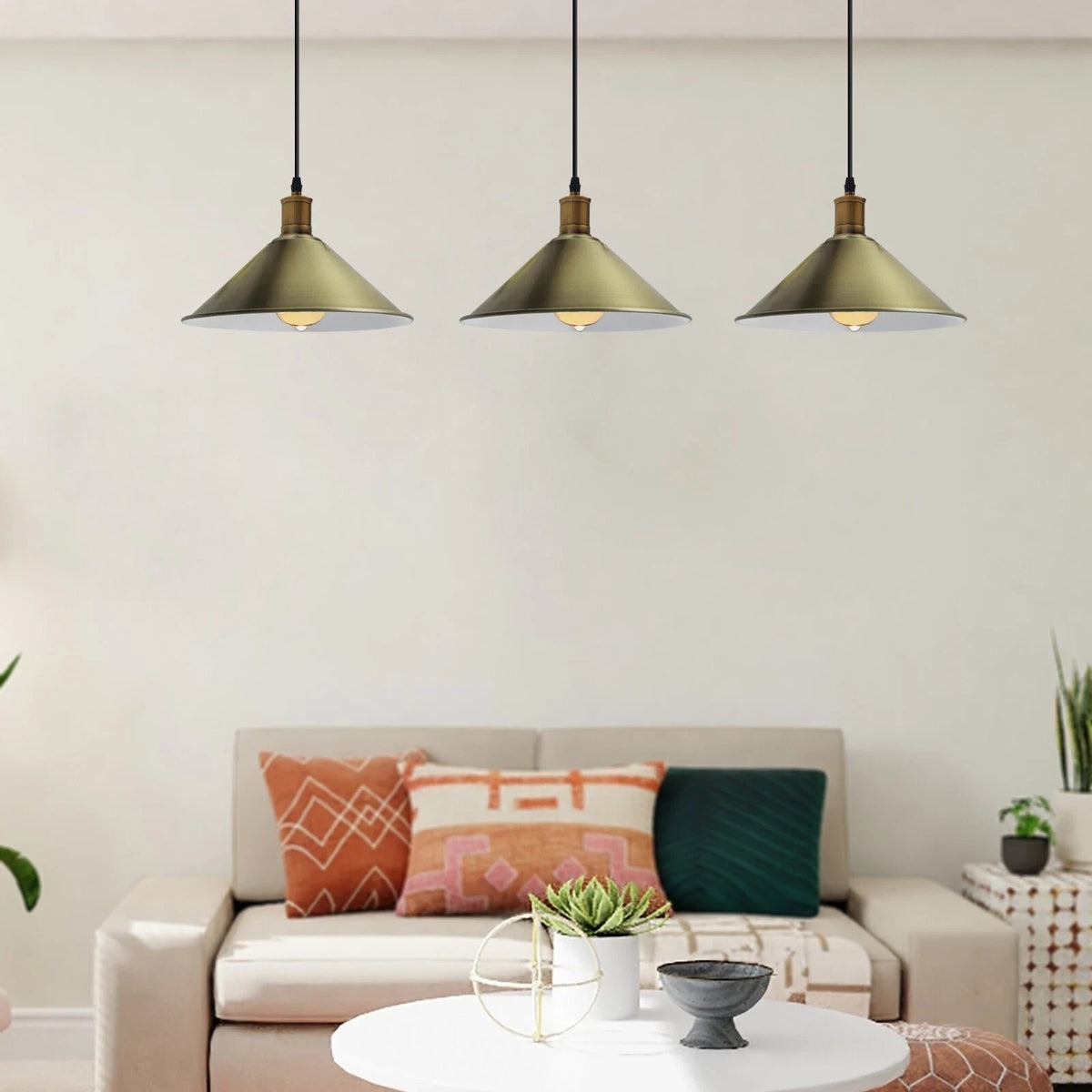 3-Light Pendant – Flat Cone, Small Cone or Diamond Cage Shades, E27 - Yellow Brass, Flat Cone 22 cm Green Brass 500 mm Rose, Without Bulb