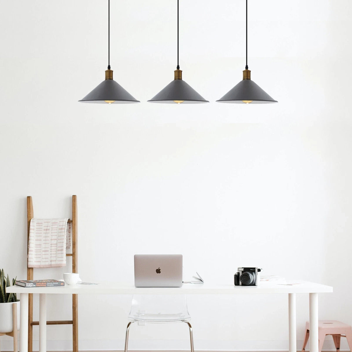 3-Light Pendant – Flat Cone, Small Cone or Diamond Cage Shades, E27 - Yellow Brass, Flat Cone 22 cm Grey 500 mm Rose, Without Bulb