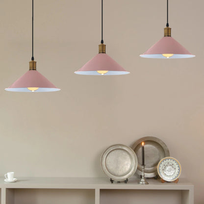 3-Light Pendant – Flat Cone, Small Cone or Diamond Cage Shades, E27 - Yellow Brass, Flat Cone 22 cm Pink 500 mm Rose, Without Bulb