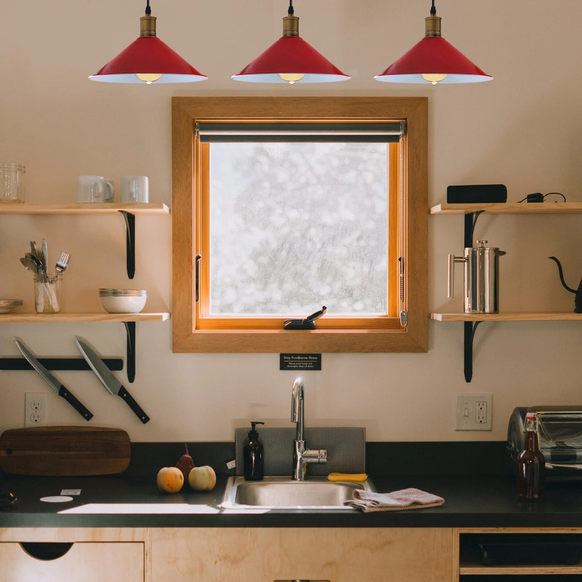 3-Light Pendant – Flat Cone, Small Cone or Diamond Cage Shades, E27 - Yellow Brass, Flat Cone 22 cm Red 500 mm Rose, Without Bulb