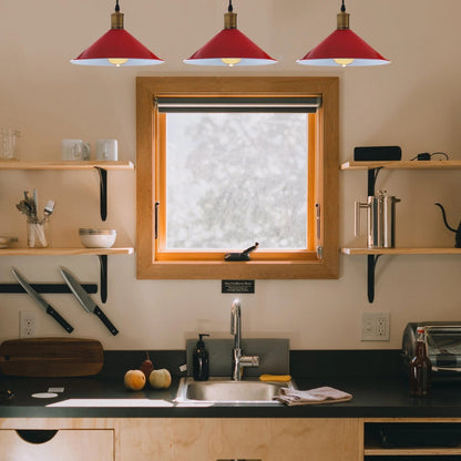 3-Light Pendant – Flat Cone, Small Cone or Diamond Cage Shades, E27 - Yellow Brass, Flat Cone 22 cm Red 500 mm Rose, Without Bulb