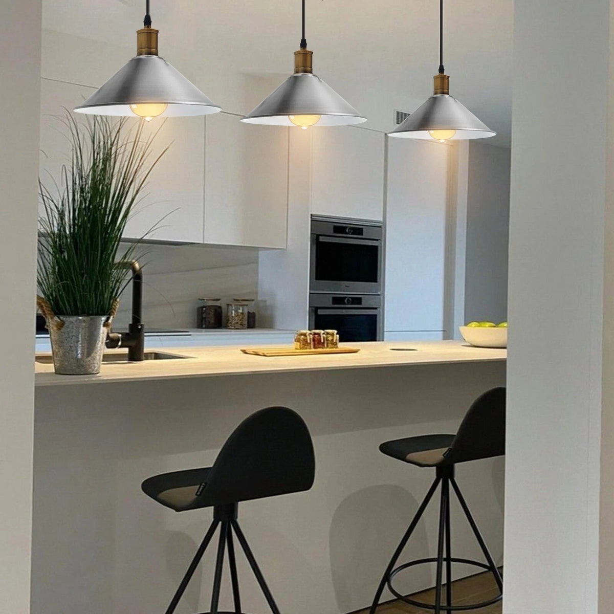 3-Light Pendant – Flat Cone, Small Cone or Diamond Cage Shades, E27 - Yellow Brass, Flat Cone 22 cm Satin Nickel 500 mm Rose, Without Bulb