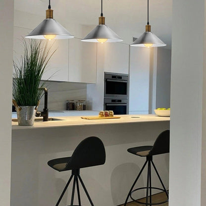 3-Light Pendant – Flat Cone, Small Cone or Diamond Cage Shades, E27 - Yellow Brass, Flat Cone 22 cm Satin Nickel 500 mm Rose, Without Bulb