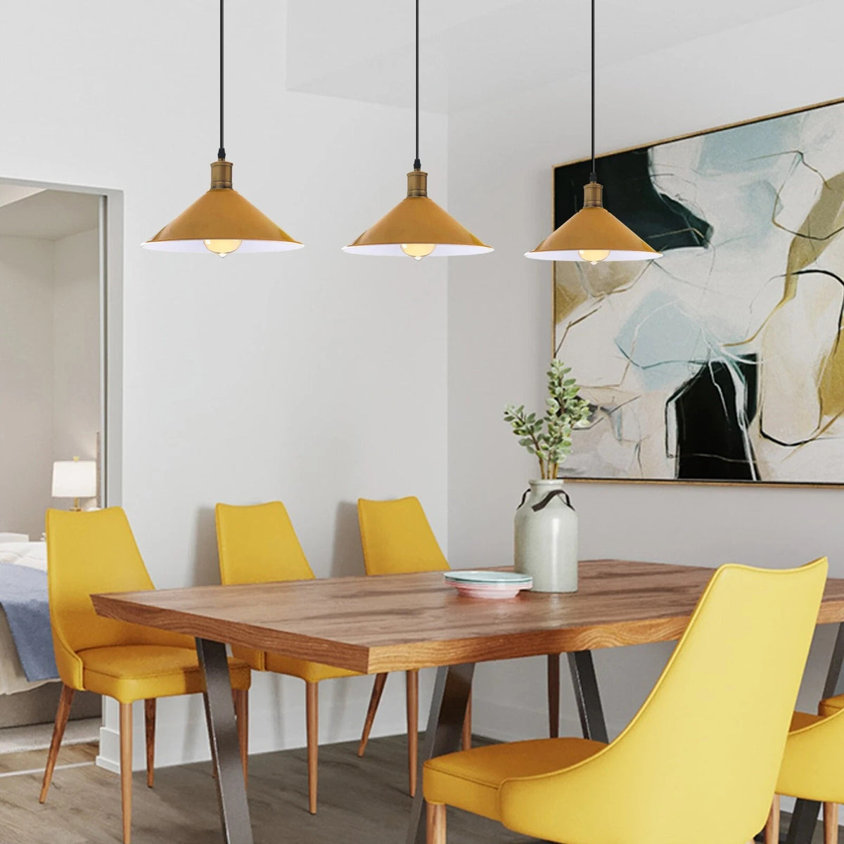 3-Light Pendant – Flat Cone, Small Cone or Diamond Cage Shades, E27 - Yellow Brass, Flat Cone 22 cm Yellow 500 mm Rose, Without Bulb