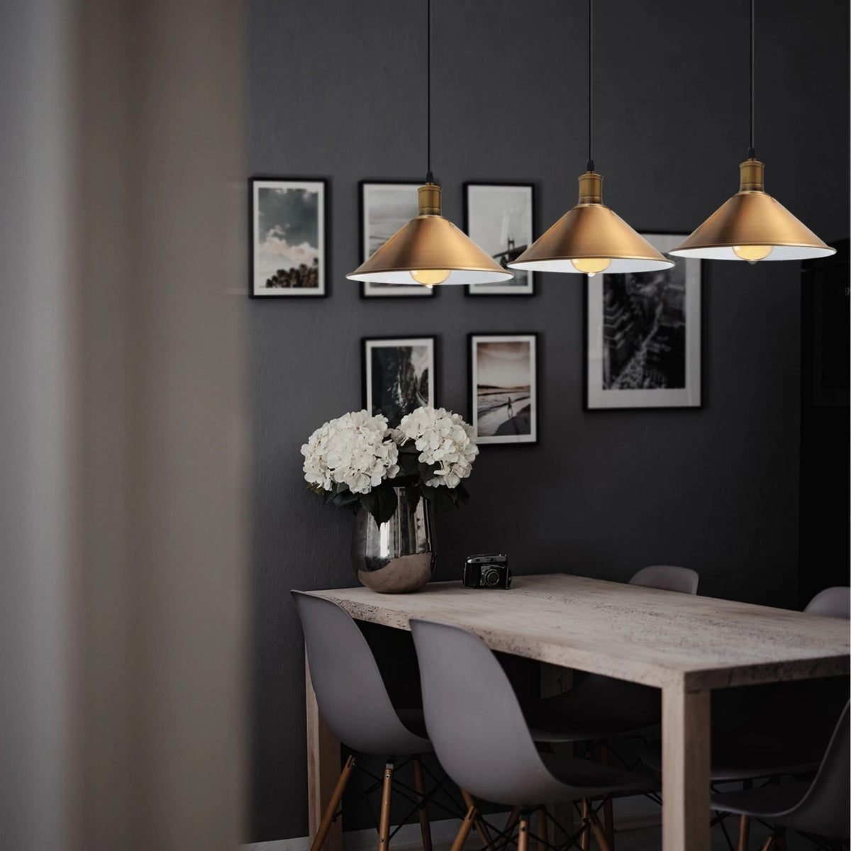 3-Light Pendant – Flat Cone, Small Cone or Diamond Cage Shades, E27 - Yellow Brass, Flat Cone 22 cm Yellow Brass 500 mm Rose, Without Bulb