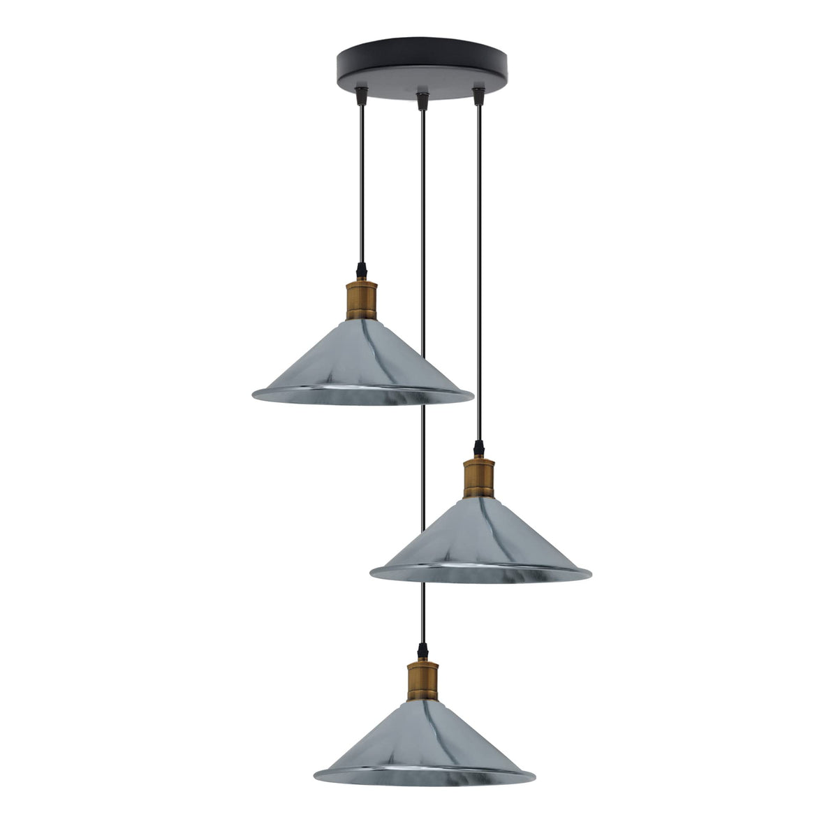 3-Light Pendant – Flat Cone, Small Cone or Diamond Cage Shades, E27 - Yellow Brass, Flat Cone 22 cm Chrome 200 mm Rose, Without Bulb