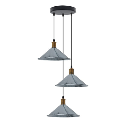 3-Light Pendant – Flat Cone, Small Cone or Diamond Cage Shades, E27 - Yellow Brass, Flat Cone 22 cm Chrome 200 mm Rose, Without Bulb