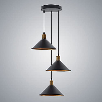 3-Light Pendant – Flat Cone, Small Cone or Diamond Cage Shades, E27 - Yellow Brass, Flat Cone 22 cm Black & Gold 200 mm Rose, Without Bulb
