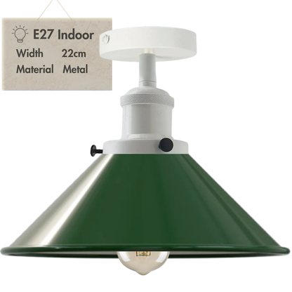 Flush Mount Cone Ceiling Light 22 cm – E27, 20 Shade Colours - White, Flat Cone 22 cm Green, White Ceiling Plate, Without Bulb